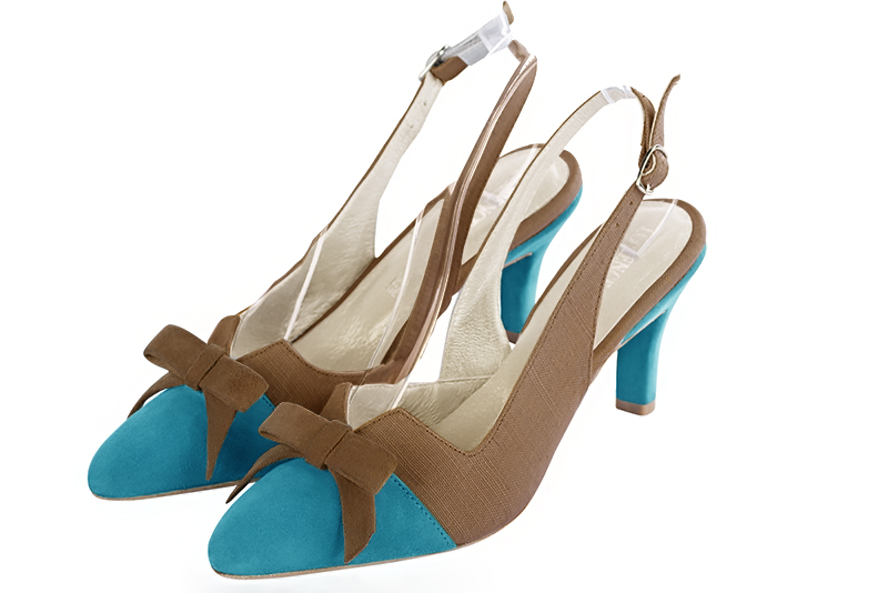 Turquoise blue and chocolate brown women's open back shoes, with a knot. Tapered toe. Medium slim heel. Front view - Florence KOOIJMAN